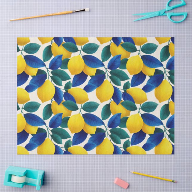 Vibrant Lemon & Blue Leaves Watercolor Pattern Tissue Paper (Craft)