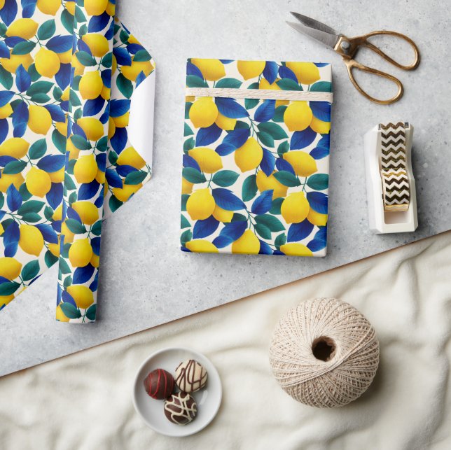 Vibrant Lemon & Blue Leaves Watercolor Pattern Wrapping Paper (Crafts)