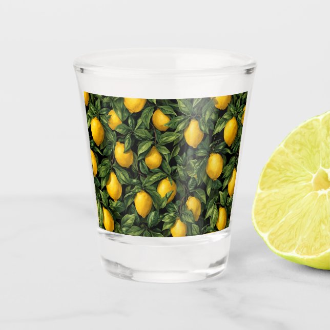 Vibrant Lemon Citrus Tree Pattern Shot Glass (Front)