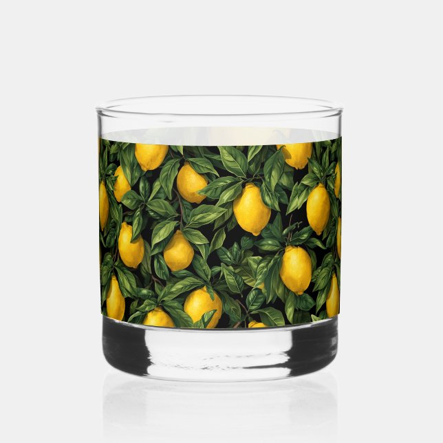 Vibrant Lemon Citrus Tree Pattern Whiskey Glass (Front)