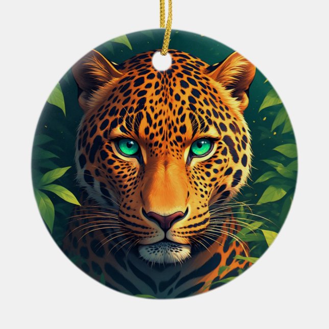Vibrant Leopard Portrait With Emerald Eyes Ceramic Ornament (Front)