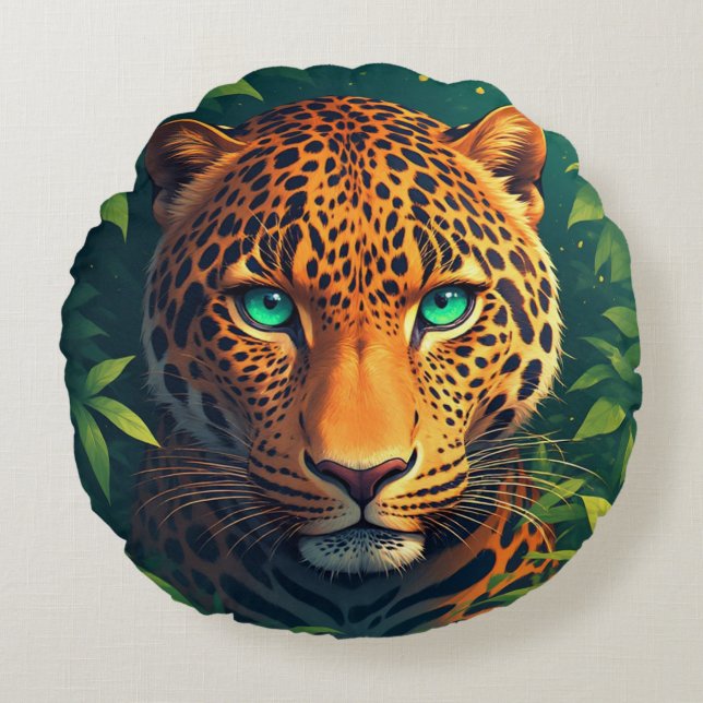 Vibrant Leopard Portrait With Emerald Eyes Round Pillow (Front)