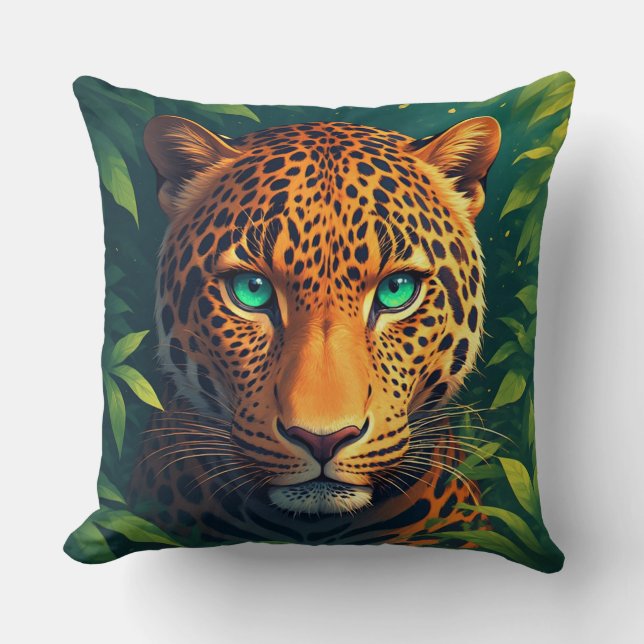 Vibrant Leopard Portrait With Emerald Eyes Throw Pillow (Front)
