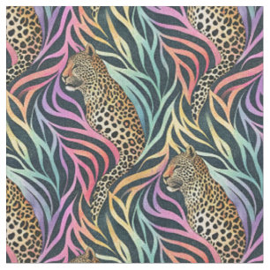 Vibrant Leopard & Rainbow Stripe Animal Print Art Fabric