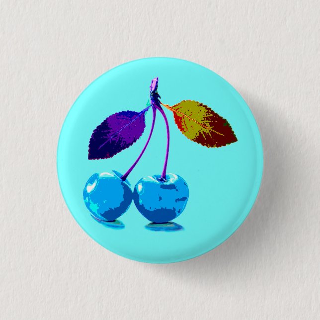 Vibrant light blue cherries   1 inch round button (Front)