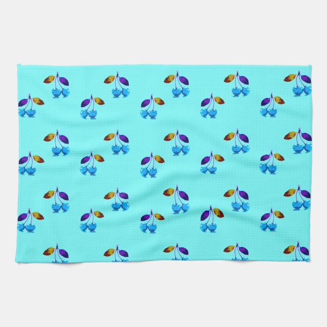 Vibrant light blue cherries    kitchen towel (Horizontal)
