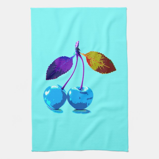 Vibrant light blue cherries   kitchen towel (Vertical)