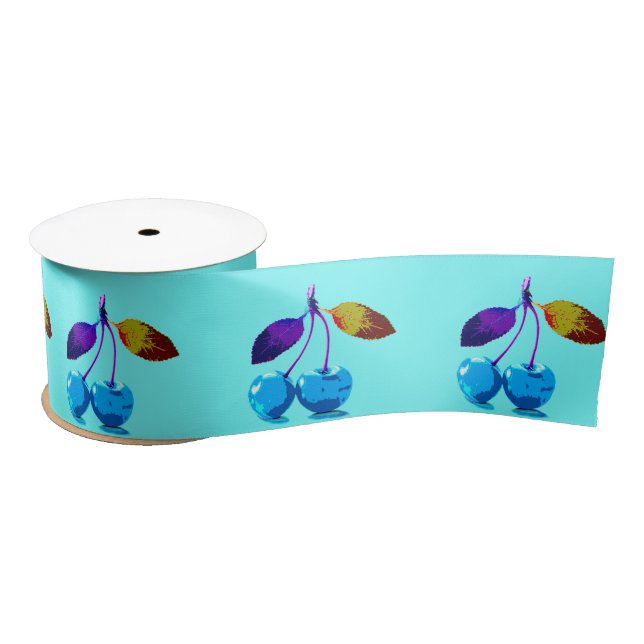 Vibrant light blue cherries   satin ribbon (Spool)