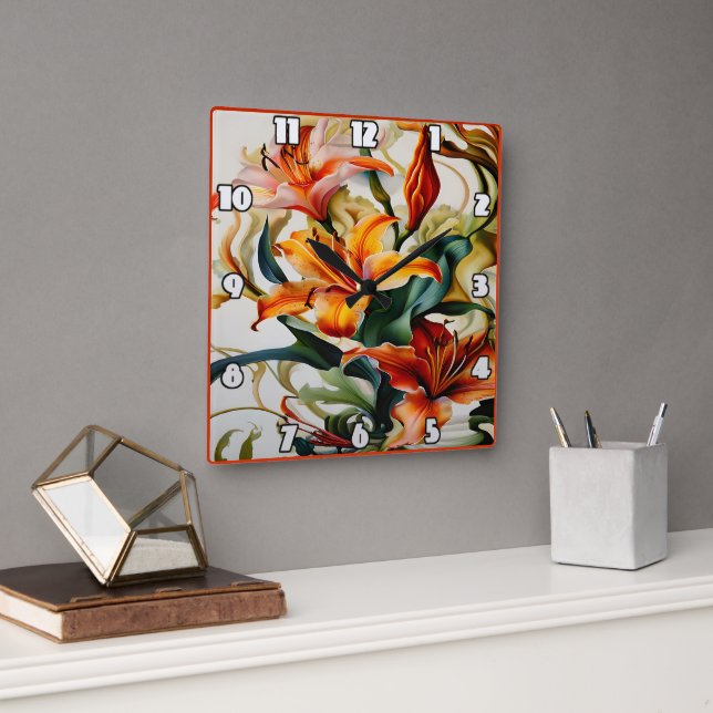 Vibrant Lilies in Colourful Abstract Design Square Wall Clock (Office)