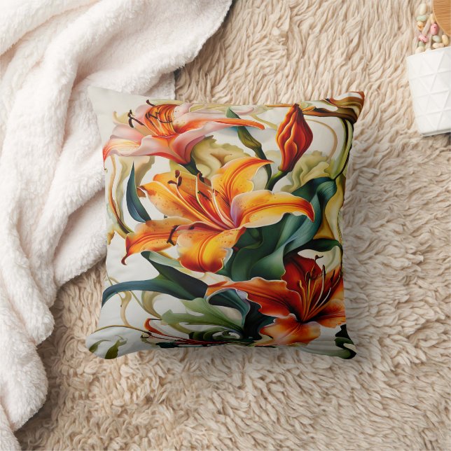 Vibrant Lilies in Colourful Abstract Design Throw Pillow (Blanket)