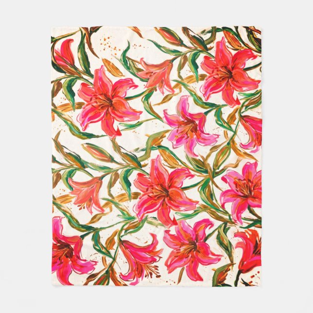 "Vibrant Lily Bloom: Impasto Floral Pattern" Fleece Blanket (Front)