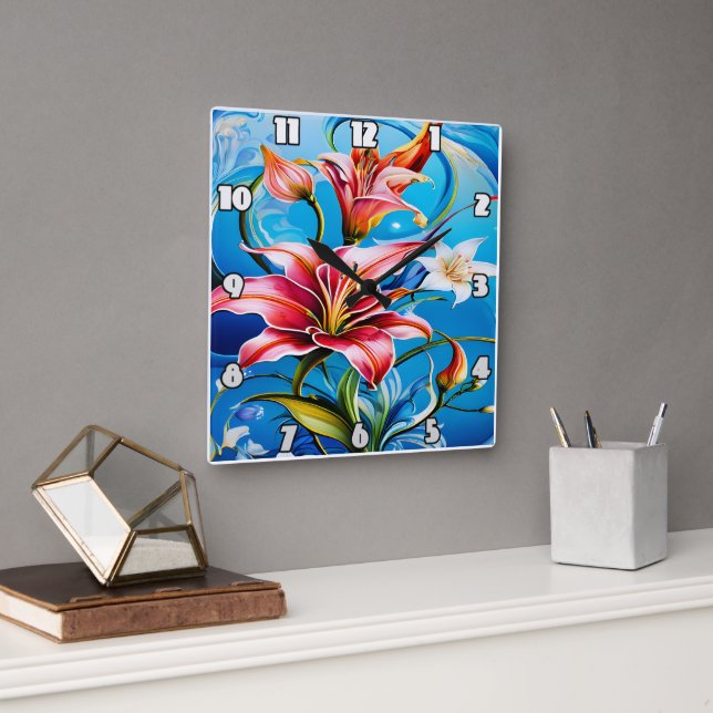 Vibrant Lily Blooms Against Blue Backdrop Square Wall Clock (Office)