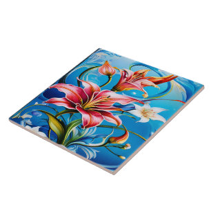 Vibrant Lily Blooms Against Blue Backdrop Tile