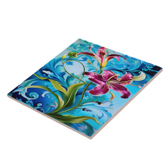 Vibrant Lily Blooms Against Blue Swirls Tile (Side)
