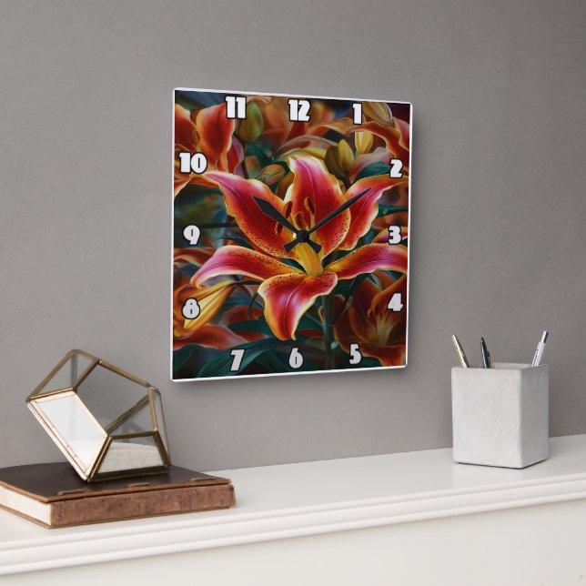 Vibrant Lily Blooms in a Garden at Dusk Square Wall Clock (Office)