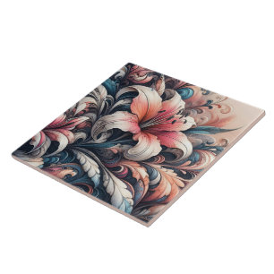 Vibrant Lily Blossoms With Intricate Swirls Tile