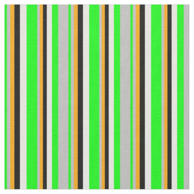 Vibrant  Lime, Grey, Orange, Black & White Lines Fabric (Close Up)