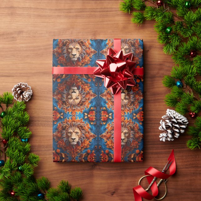 Vibrant Lion with Floral Motifs Wrapping Paper (Holiday Gift)