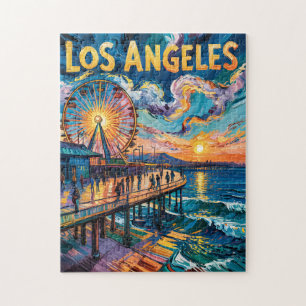 Vibrant Los Angeles Pier Sunset Van Gogh Vintage Jigsaw Puzzle