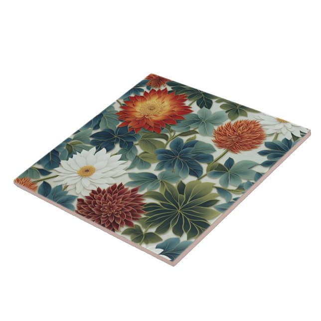 Vibrant Lotus and Chrysanthemum Design Tile (Side)
