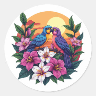 Vibrant Lovebirds at Sunset with Tropical Flowers Classic Round Sticker