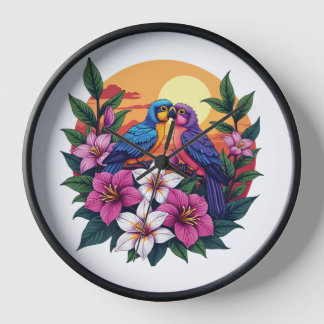 Vibrant Lovebirds at Sunset with Tropical Flowers Clock