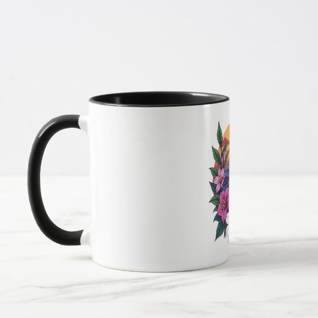 Vibrant Lovebirds at Sunset with Tropical Flowers Mug (Left)