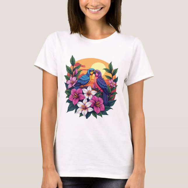 Vibrant Lovebirds at Sunset with Tropical Flowers T-Shirt (Front)