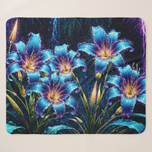 Vibrant luminous floral digital fantasy garden sherpa blanket