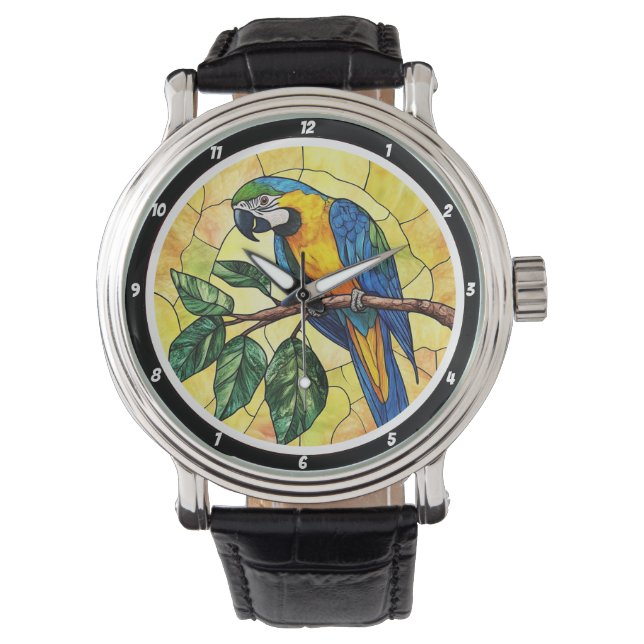 Vibrant Macaw Parrot and Tropical Leaves Design Watch (Front)