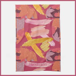 Vibrant Magenta and Gold Abstract Kitchen Towel