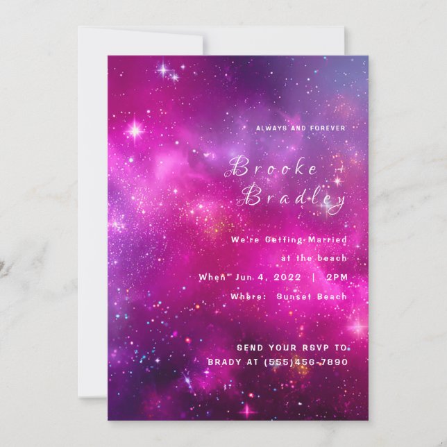Vibrant Magenta Nebula Wedding Invitation (Front)