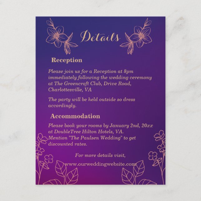 Vibrant Magenta Purple with Floral lined Wedding  Enclosure Card (Front)