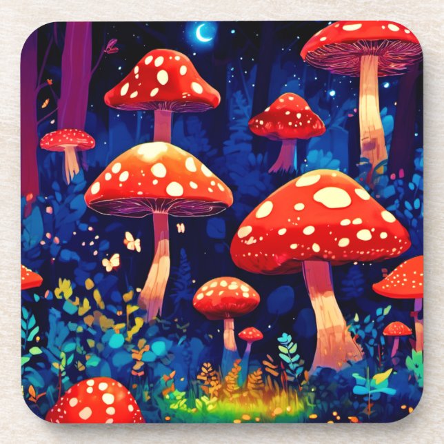 Vibrant Magic Mushroom Forest Art Coaster (Front)