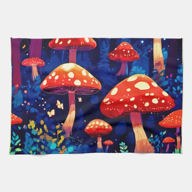 Vibrant Magic Mushroom Forest Art Kitchen Towel (Horizontal)