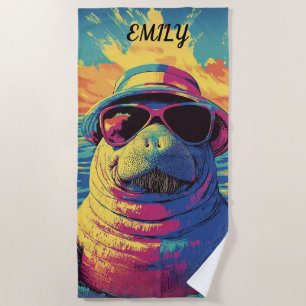 Vibrant Manatee Sunglasses Hat Bright Beach Colors Beach Towel