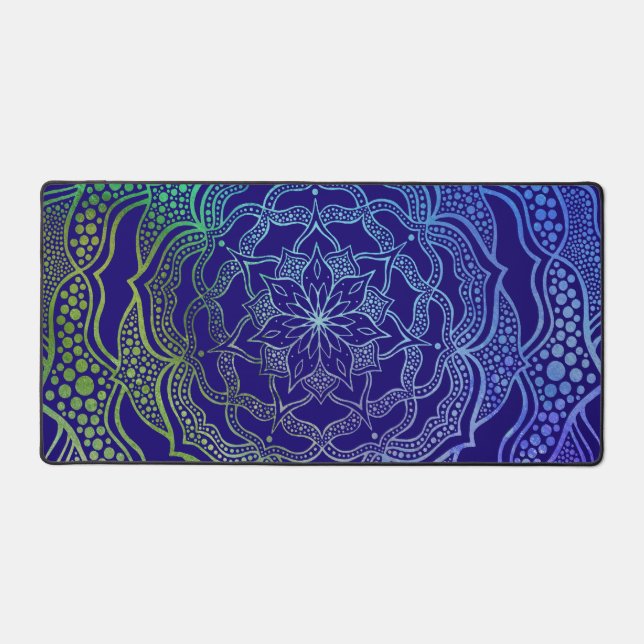 Vibrant Mandala Boho Chic Elegant Navy Blue Green Desk Mat (Front)