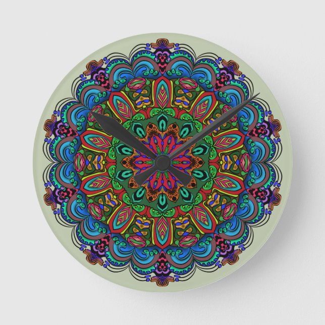 Vibrant Mandala Floral & Geometric Pattern Round Clock (Front)