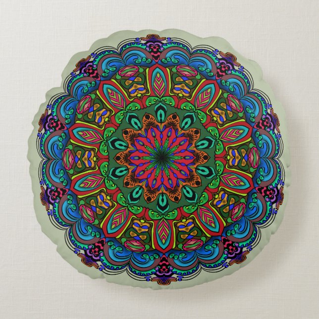 Vibrant Mandala Floral & Geometric Pattern Round Pillow (Front)