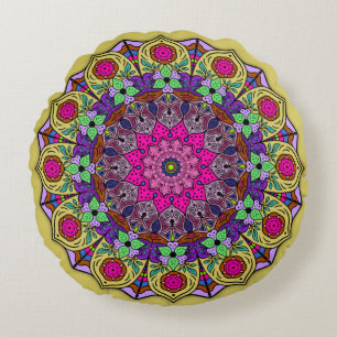 Vibrant Mandala Sunshine Yellow Pink Round Pillow