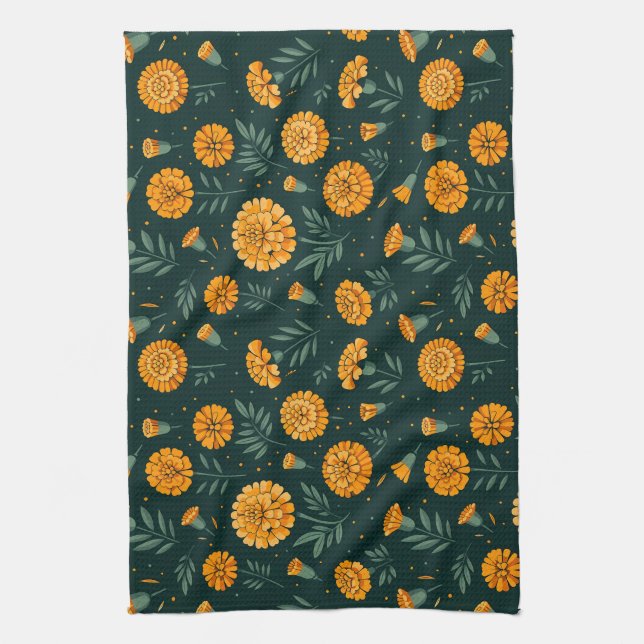 Vibrant Marigolds Pattern Kitchen Towel (Vertical)
