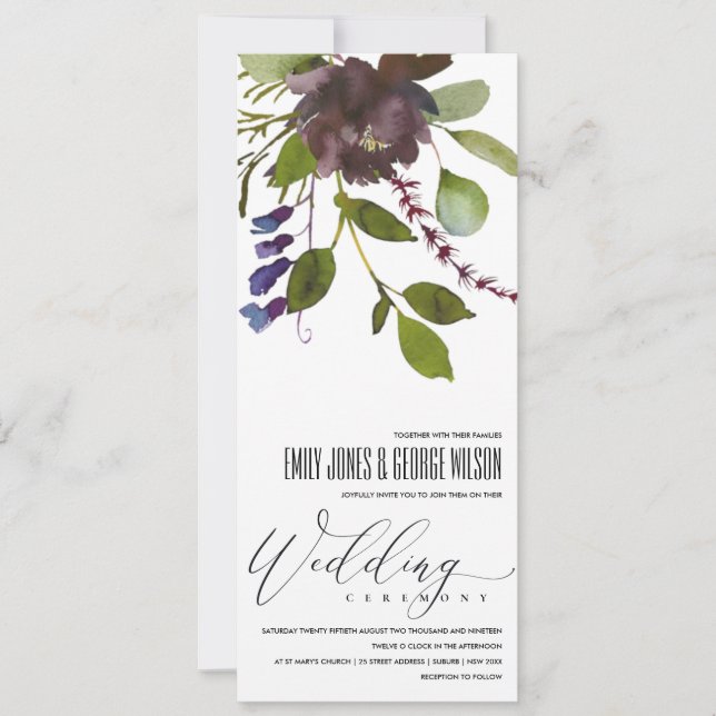 VIBRANT MAROON GREEN BLOOM FOLIAGE BUNCH WEDDING INVITATION (Front)