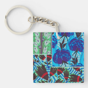 Vibrant Maximalist Blue & Green Floral Art Keychain