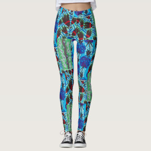 Vibrant Maximalist Blue & Green Floral Art Leggings