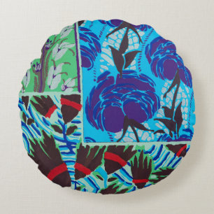 Vibrant Maximalist Blue & Green Floral Art Round Pillow