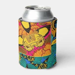 Vibrant Maximalist Pink & Teal Butterfly Art Can Cooler