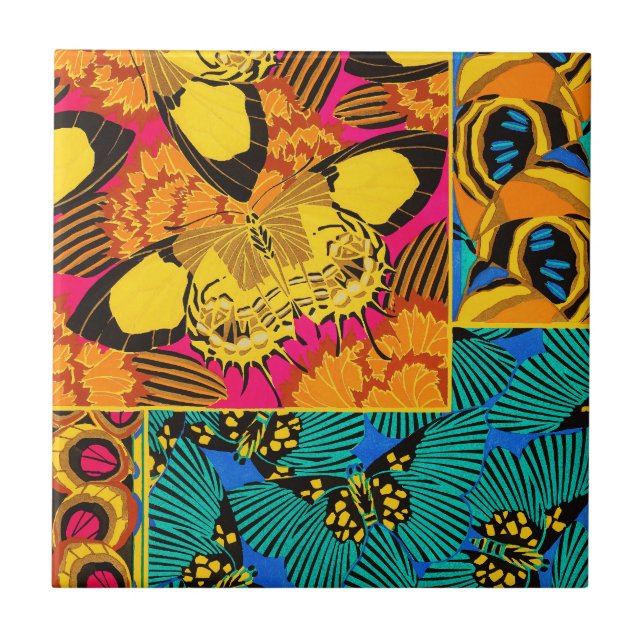 Vibrant Maximalist Pink & Teal Butterfly Art Tile (Front)