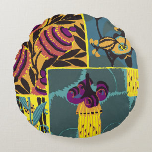 Vibrant Maximalist Purple & Teal Floral Print Round Pillow