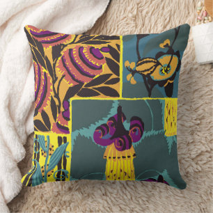 Vibrant Maximalist Purple & Teal Floral Print Throw Pillow