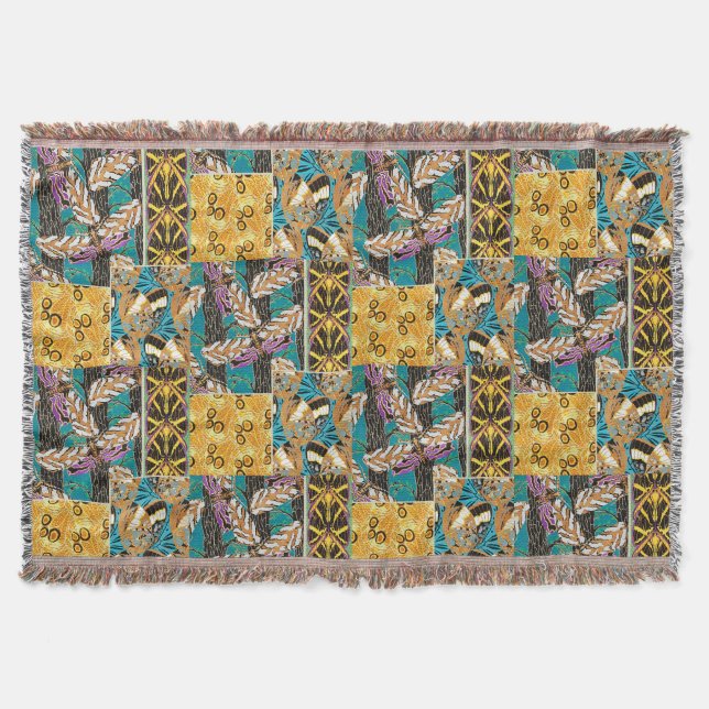 Vibrant Maximalist Teal & Purple Butterfly Art Throw Blanket (Front)